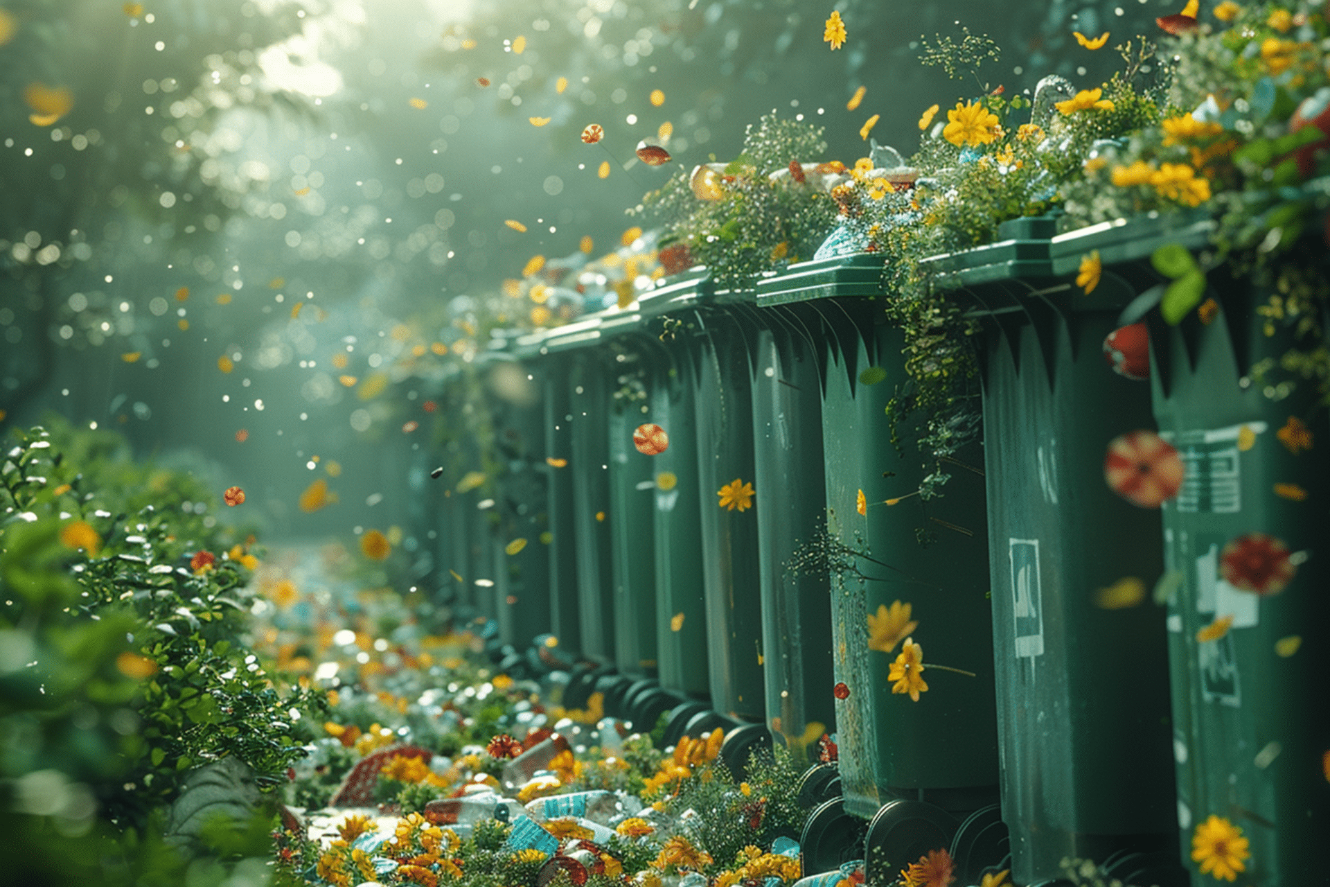 Overflowing bins showing consumerism in a material world. Use less reuse more.