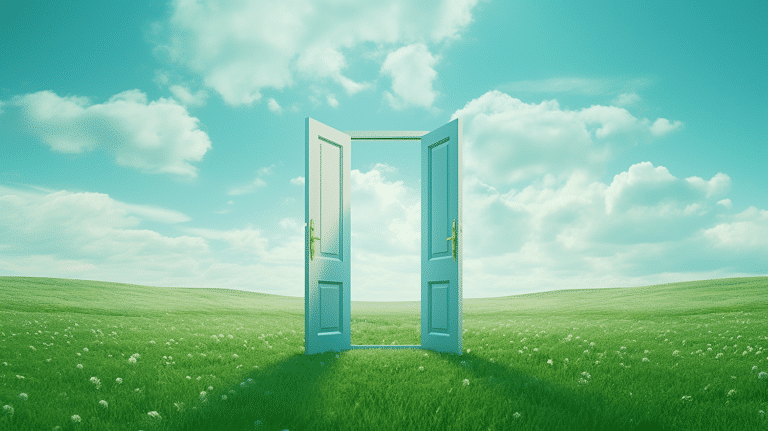 Open door against an open landscape