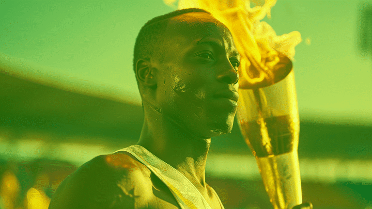 Male athlete holding flame in a stadium. The Power of Love!