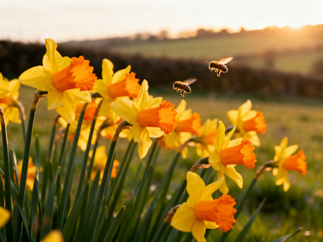 blog 101 syntech biofuel the bees are flying again. daffodils sunshine springtime bees.