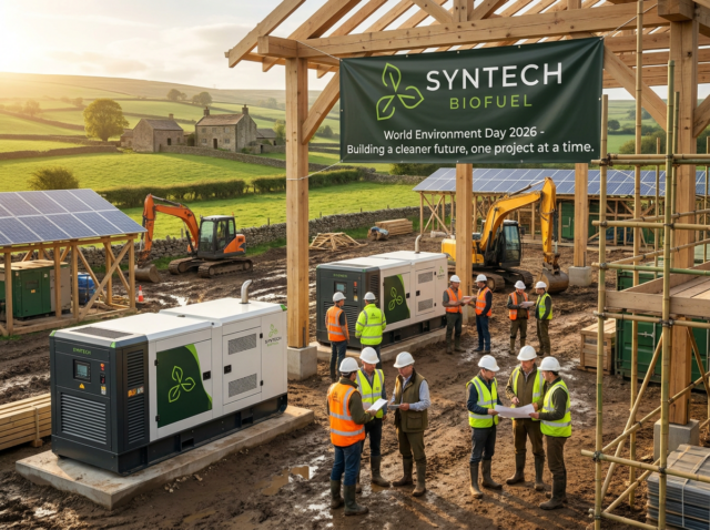 blog 109 Syntech Biofuel World Environment Day 2026. On site with generators using Syntech ASB powering construction equipment.